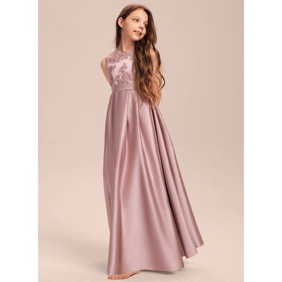 Ball-Gown/Princess Scoop Floor-length Lace Satin Junior Bridesmaid Dress With Pleated