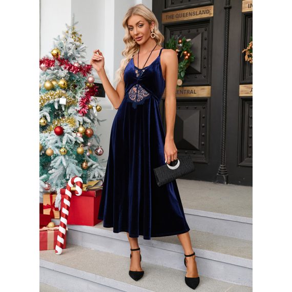 Round Neck Sleeveless Elegant A-line Velvet Midi Dresses