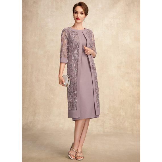 Sheath/Column Scoop Knee-length Chiffon Mother of the Bride Dress With Ruffle Sequins