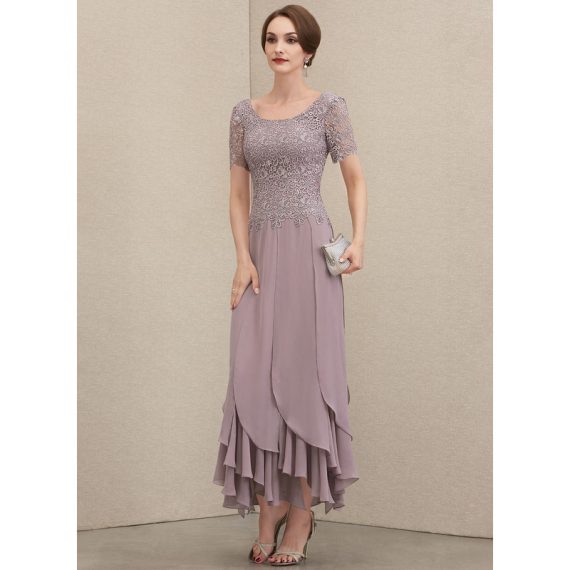 A-Line Scoop Ankle-Length Chiffon Lace Evening Dress With Cascading Ruffles