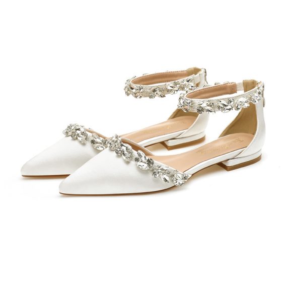 Women's Satin Flat Heel Closed Toe With ankle strap Rhinestone