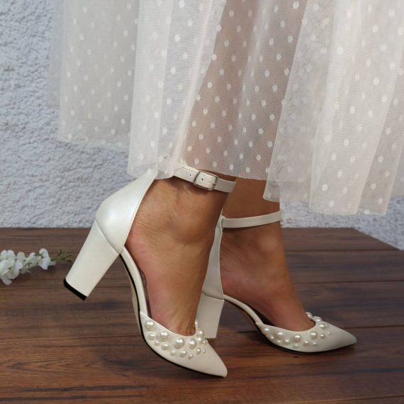 Women's Leatherette High Heel Block Heel Closed Toe With ankle strap Beaded