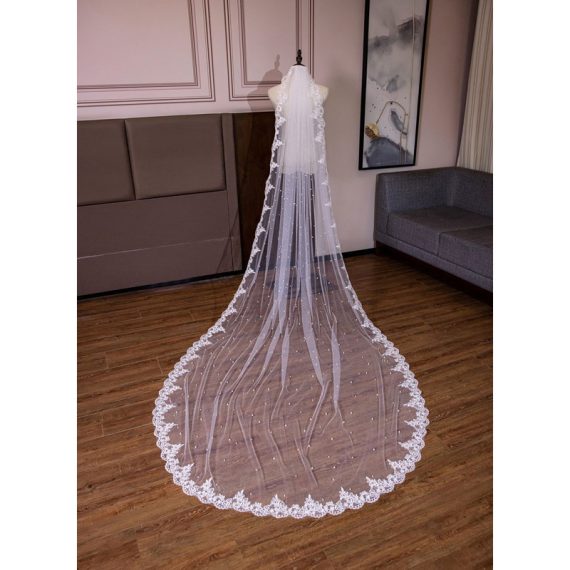 One-tier Lace Applique Edge Cathedral Bridal Veils With Lace