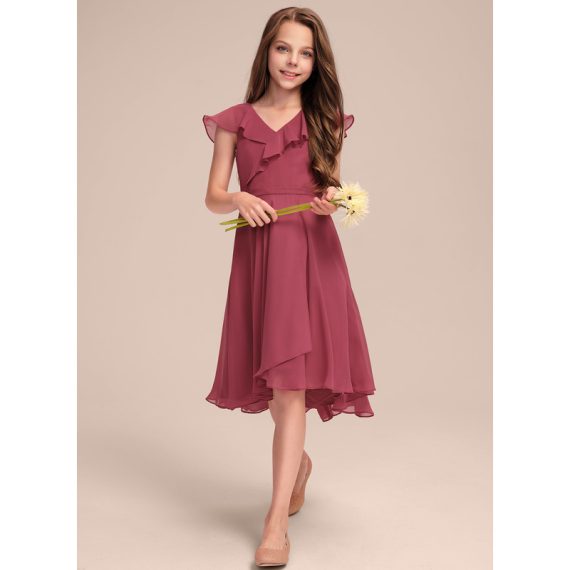 A-Line V-neck Asymmetrical Chiffon Junior Bridesmaid Dress