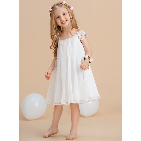 A-line Scoop Tea-Length Chiffon Flower Girl Dress