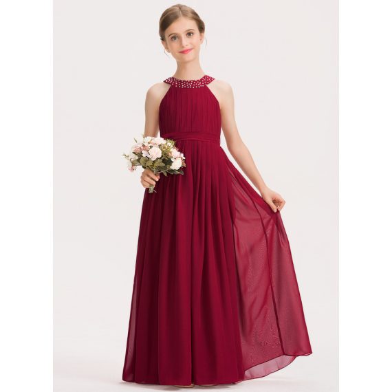 A-Line Halter Floor-Length Chiffon Junior Bridesmaid Dress With Beading Bow(s)