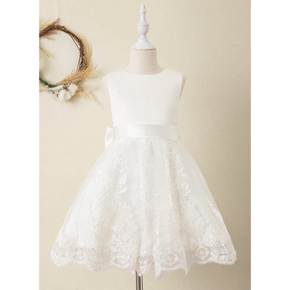 Ball-Gown/Princess Scoop Knee-Length Lace/Satin Flower Girl Dress
