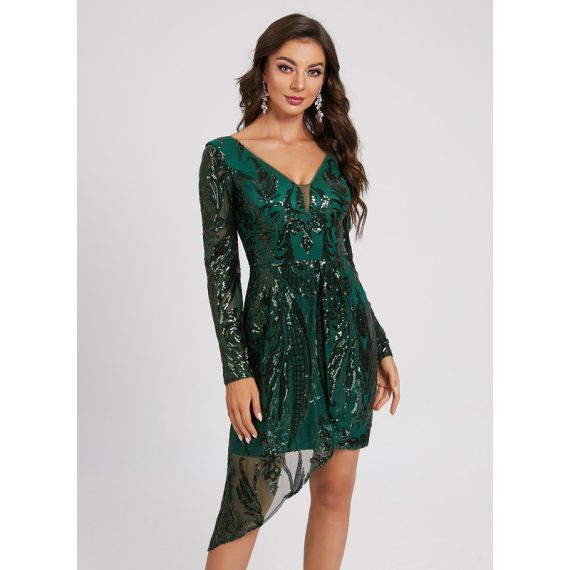 Sheath/Column V-neck Asymmetrical Lace Sequined Cocktail Dress With Sequins