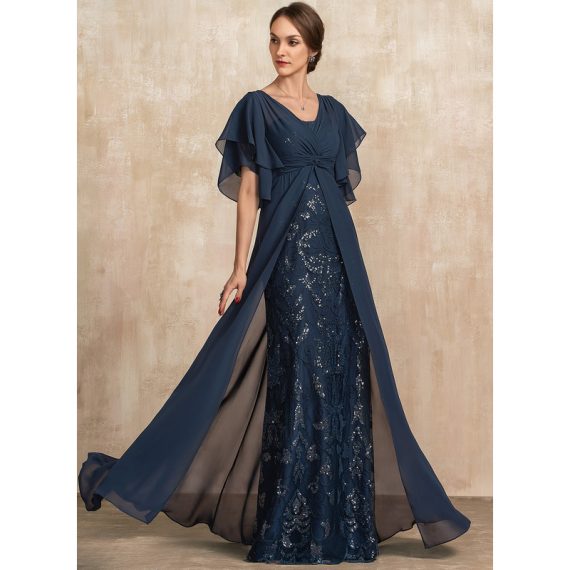 Sheath/Column V-neck Floor-Length Chiffon Sequined Evening Dress With Pleated