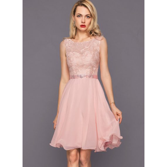 A-Line Scoop Knee-Length Chiffon Charmeuse Lace Cocktail Dress With Beading Sequins