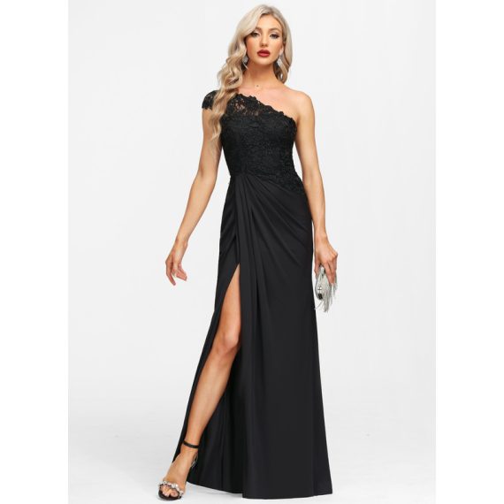 Sheath/Column One-Shoulder Floor-Length Lace Jersey Evening Dress With Pleated