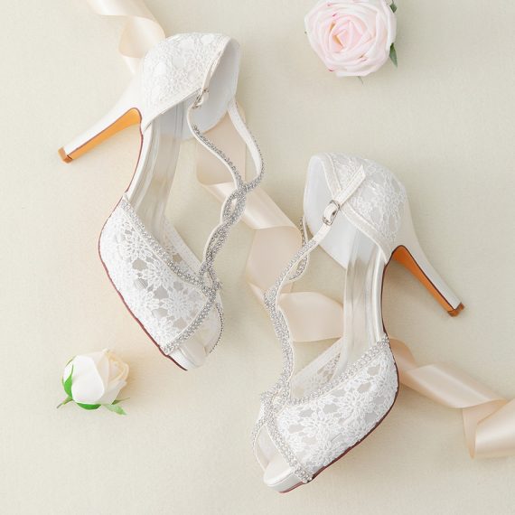 Women's Lace Satin Stiletto Heel Uitra Hight Heel Peep Toe With Splice T-Strap Rhinestone