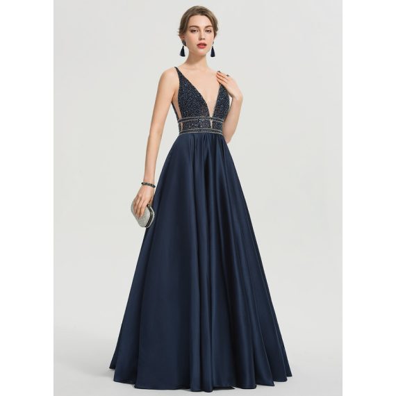 Ball-Gown/Princess V-Neck Floor-Length Satin Prom Dresses With Beading Sequins