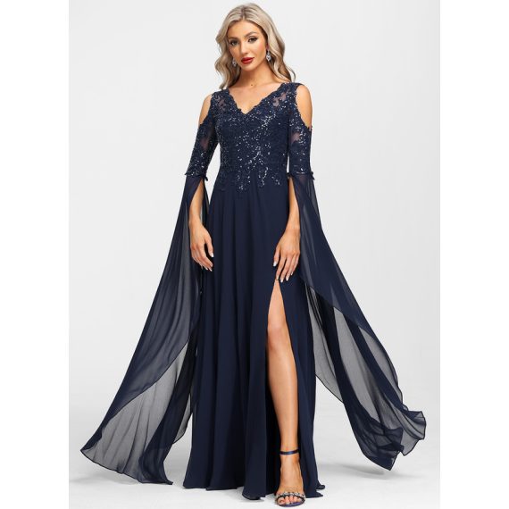A-Line V-neck Cold Shoulder Floor-Length Chiffon Lace Evening Dress With Sequins