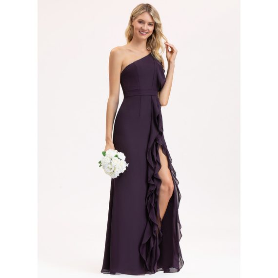 A-Line One-Shoulder Floor-Length Chiffon Bridesmaid Dress With Split Front Cascading Ruffles