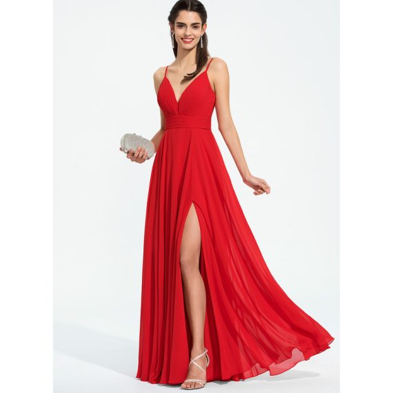 A-line V-Neck Floor-length Chiffon Prom Dresses With Ruffle