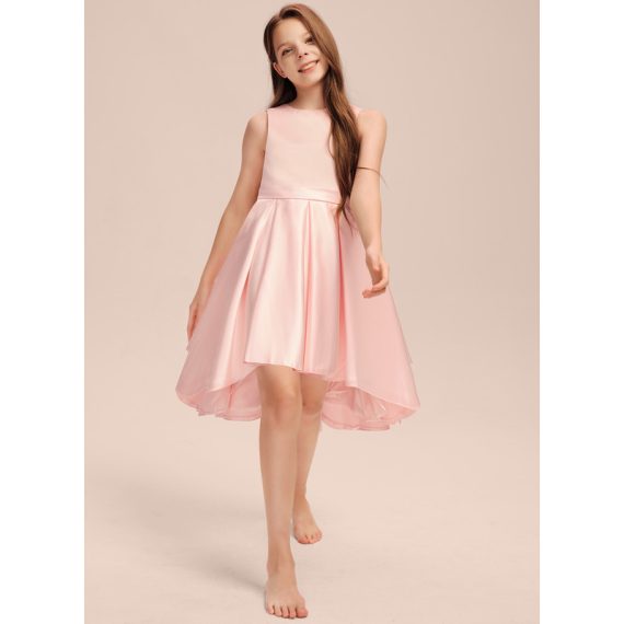 A-line Scoop Asymmetrical Satin Junior Bridesmaid Dress With Bow Pleated