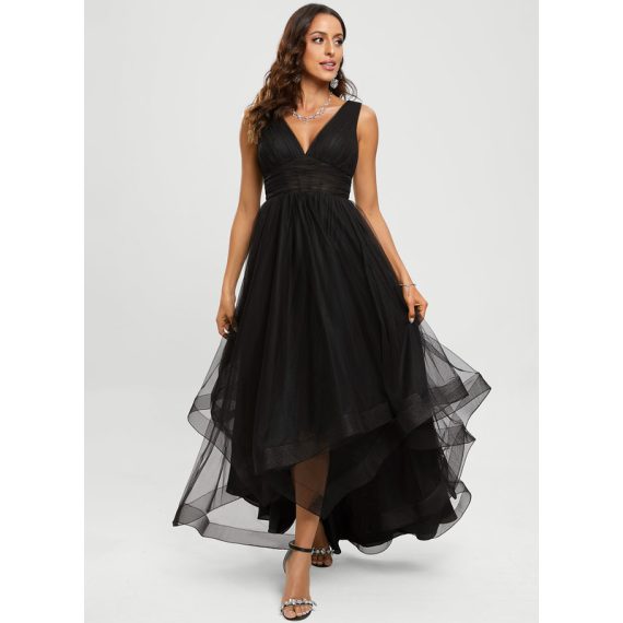 Ball-Gown/Princess V-Neck Asymmetrical Tulle Prom Dresses