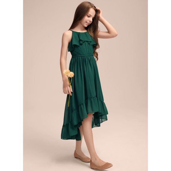 A-Line Scoop Asymmetrical Chiffon Junior Bridesmaid Dress With Cascading Ruffles