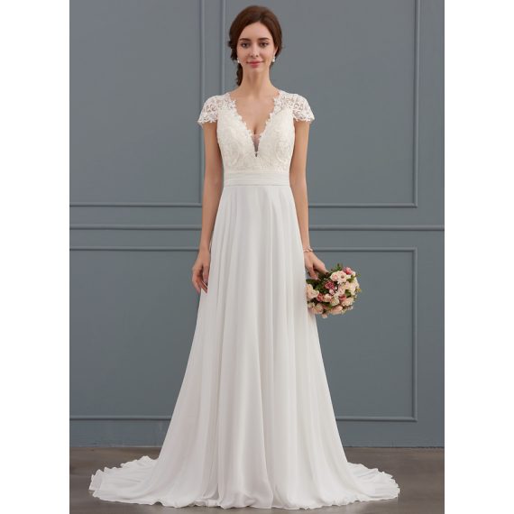 A-Line V-neck Sweep Train Chiffon Lace Wedding Dress With Ruffle