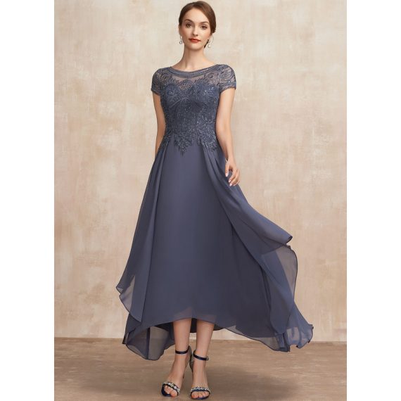 A-line Scoop Asymmetrical Chiffon Lace Mother of the Bride Dress With Sequins