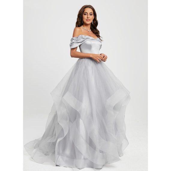 Ball-Gown/Princess Off the Shoulder Sweep Train Satin Tulle Prom Dresses