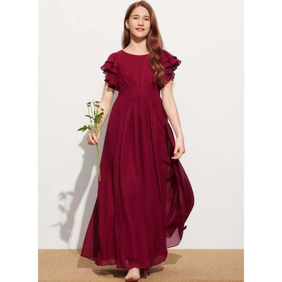 A-Line Scoop Floor-Length Chiffon Junior Bridesmaid Dress With Cascading Ruffles