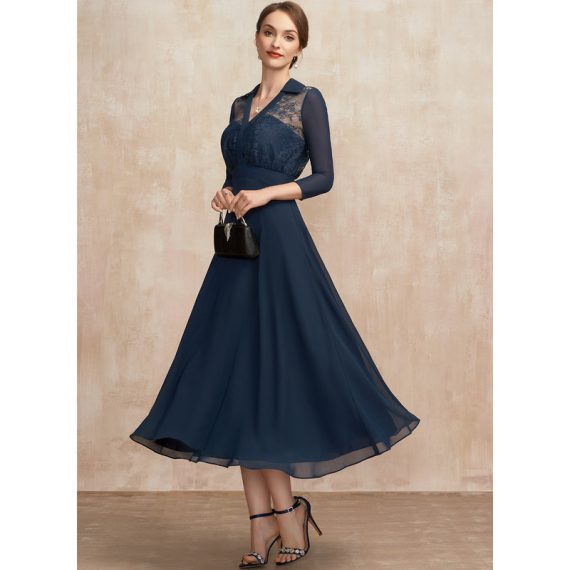 A-line V-Neck Tea-length Chiffon Lace Cocktail Dress