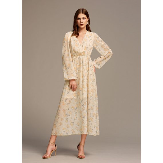 Ruffle V-Neck Long Sleeves Elegant A-line Chiffon Midi Dresses