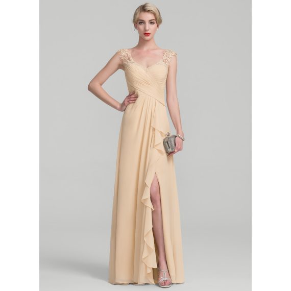 A-line V-Neck Floor-length Chiffon Lace Evening Dress With Cascading Ruffles