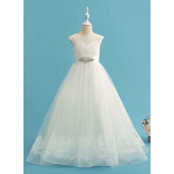 Ball-Gown/Princess Scoop Sweep Train Lace/Satin/Tulle Flower Girl Dress