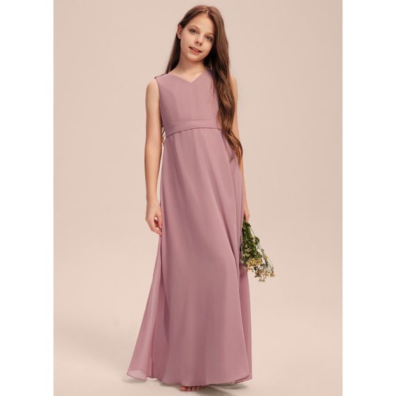 A-Line V-neck Floor-Length Chiffon Junior Bridesmaid Dress
