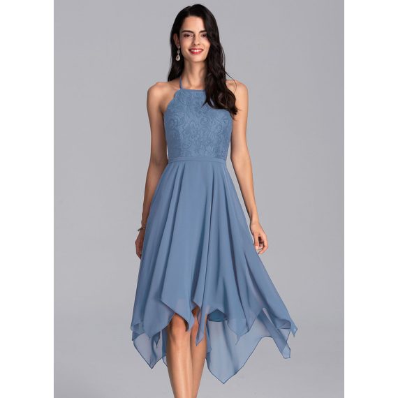 A-Line Halter Asymmetrical Chiffon Lace Homecoming Dress