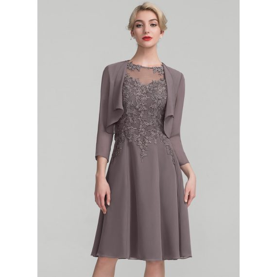 A-line Scoop Knee-length Chiffon Lace Mother of the Bride Dress