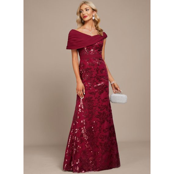 Sheath/Column Off-the-Shoulder Floor-Length Chiffon Sequined Evening Dress With Pleated