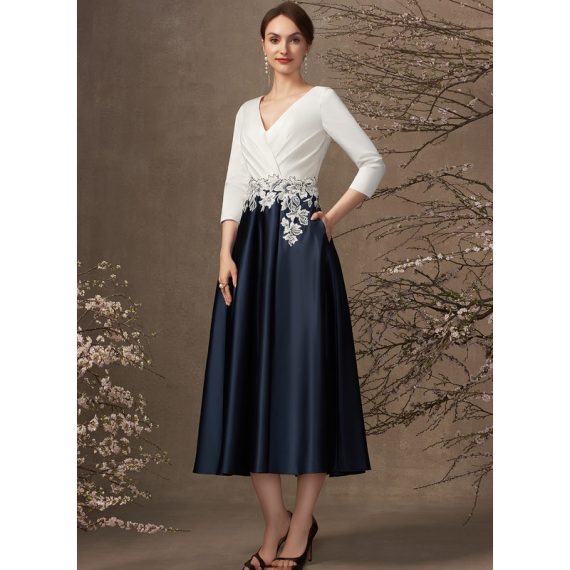A-line V-Neck Tea-length Satin Mother of the Bride Dress With Ruffle Appliques Lace
