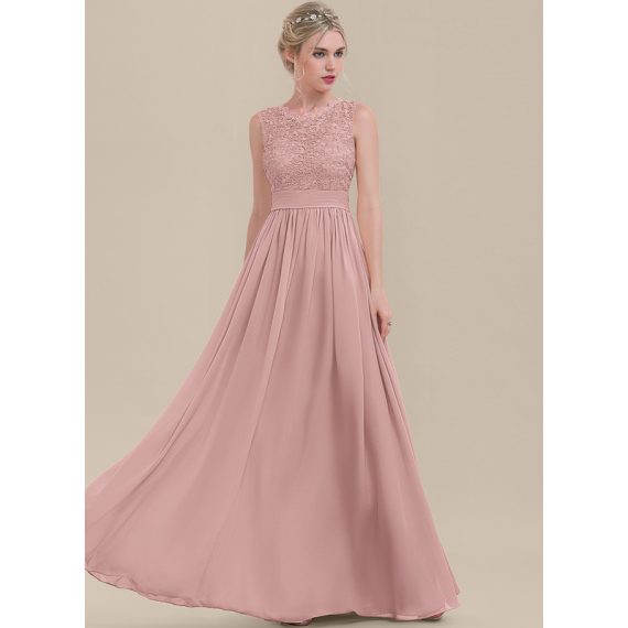 A-Line Scoop Floor-Length Chiffon Lace Bridesmaid Dress With Ruffle