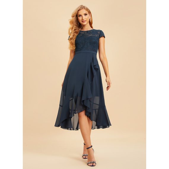 A-line Scoop Asymmetrical Chiffon Lace Bridesmaid Dress