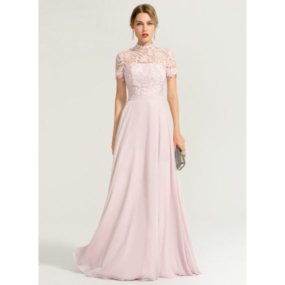 A-Line High Neck Illusion Floor-Length Chiffon Lace Prom Dresses