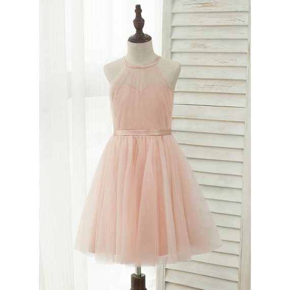 A-line Halter Knee-Length Charmeuse/Tulle Flower Girl Dress