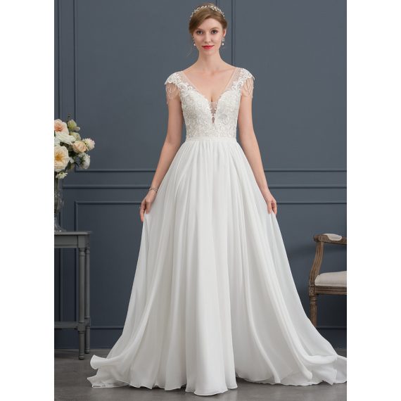A-Line V-neck Sweep Train Chiffon Lace Wedding Dress With Beading Sequins