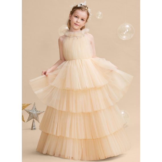 Ball-Gown/Princess High Neck Floor-Length Tulle Flower Girl Dress