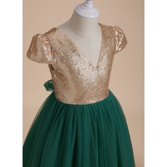 A-line V-Neck Floor-Length Tulle/Sequined Flower Girl Dress
