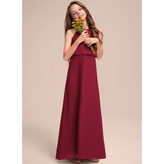 A-Line Halter Floor-Length Chiffon Junior Bridesmaid Dress With Pleated