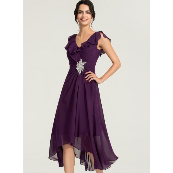 A-Line V-neck Asymmetrical Chiffon Cocktail Dress With Beading