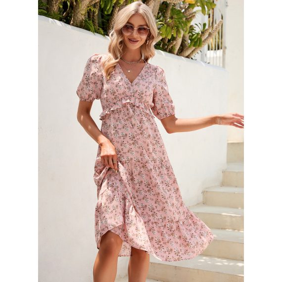 V-Neck Short Sleeves Vacation A-line Polyester Midi Dresses