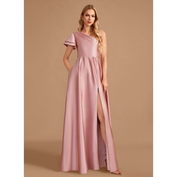 A-Line One-Shoulder Floor-Length Satin Bridesmaid Dress With Split Front