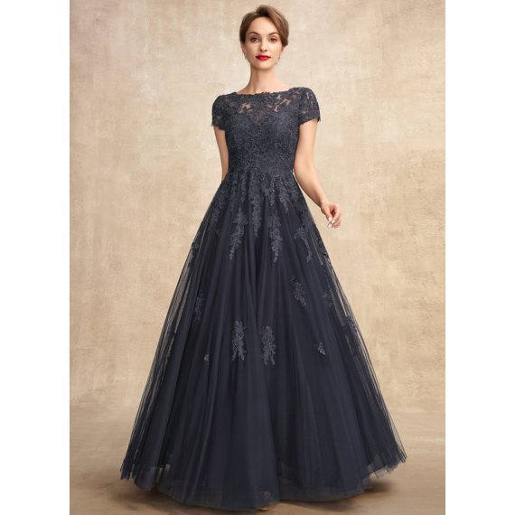 A-line Scoop Illusion Floor-Length Lace Tulle Evening Dress With Rhinestone