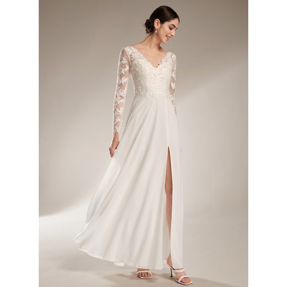 A-Line V-neck Floor-Length Chiffon Lace Wedding Dress