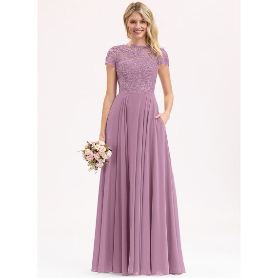 A-Line Scoop Floor-Length Chiffon Lace Bridesmaid Dress